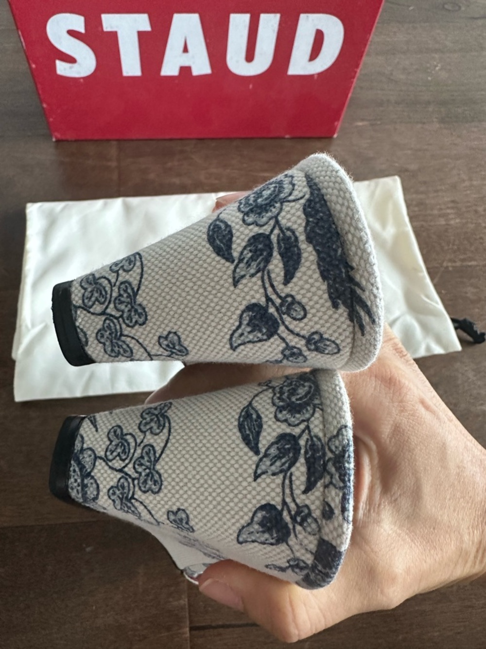 STAUD Cream and Blue Floral Canvas Wedge Sandals - Picture 5 of 10